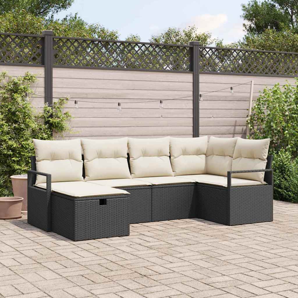 Bankstel 6 st Zwart en Crème poly rattan