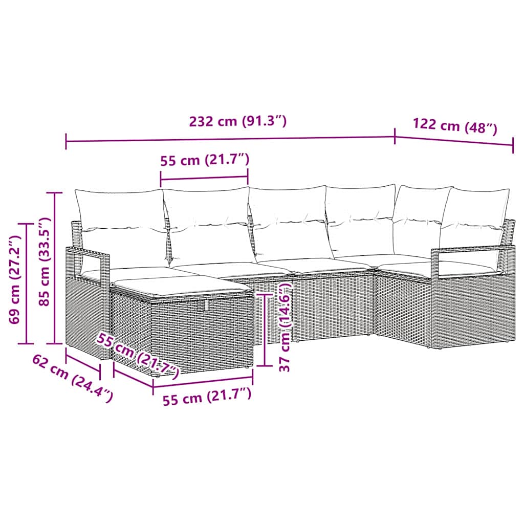 Bankstel 6 st Zwart en Crème poly rattan