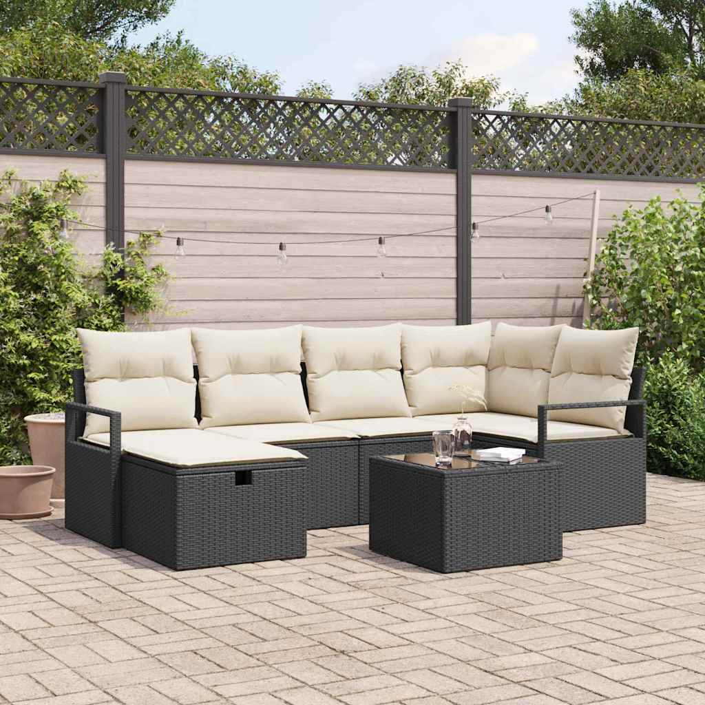 Bankstel 7 st 6-Aantal zitplaatsen Zwart en Crème poly rattan