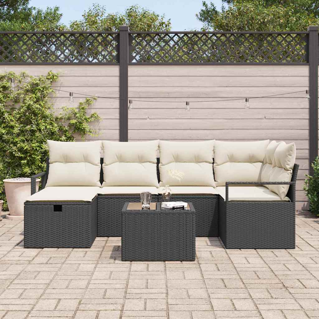 Bankstel 7 st 6-Aantal zitplaatsen Zwart en Crème poly rattan