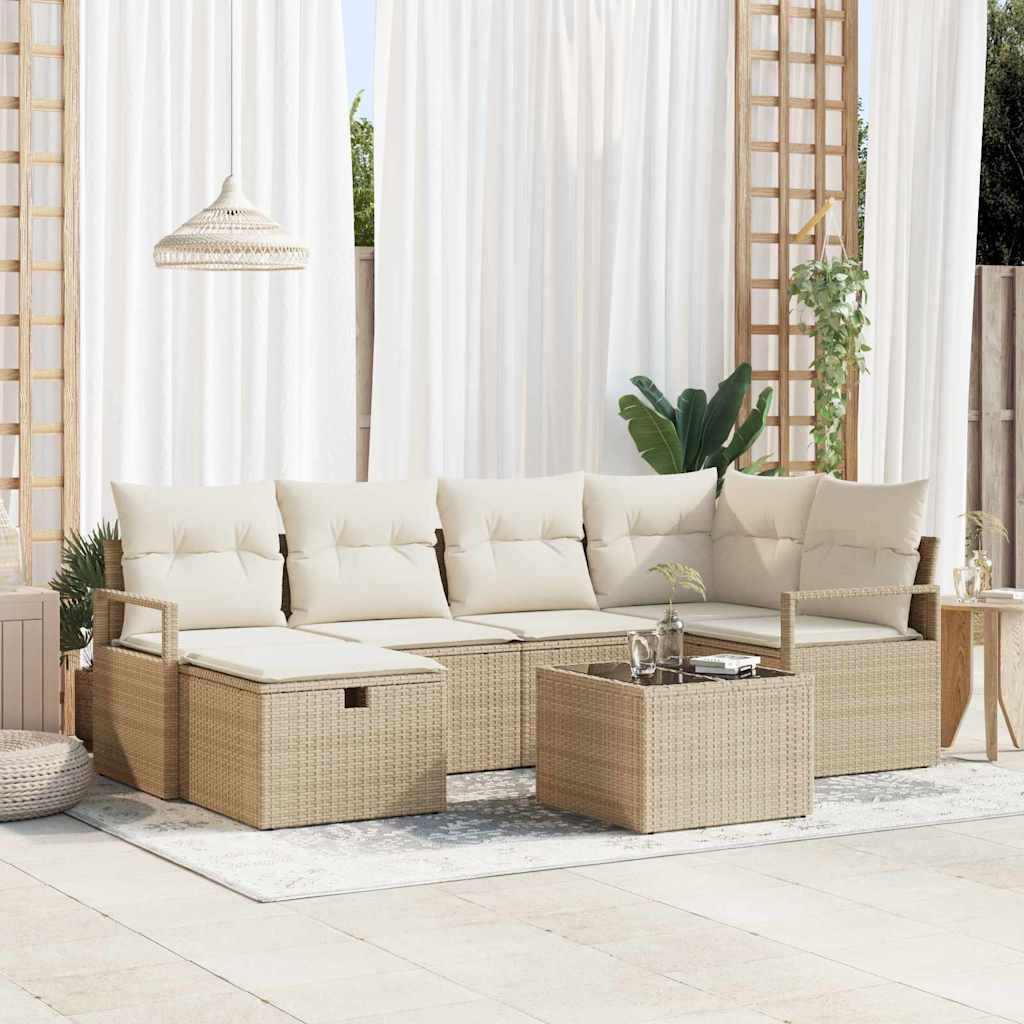 Bankstel 7 st 6-Aantal zitplaatsen Beige en Crème poly rattan