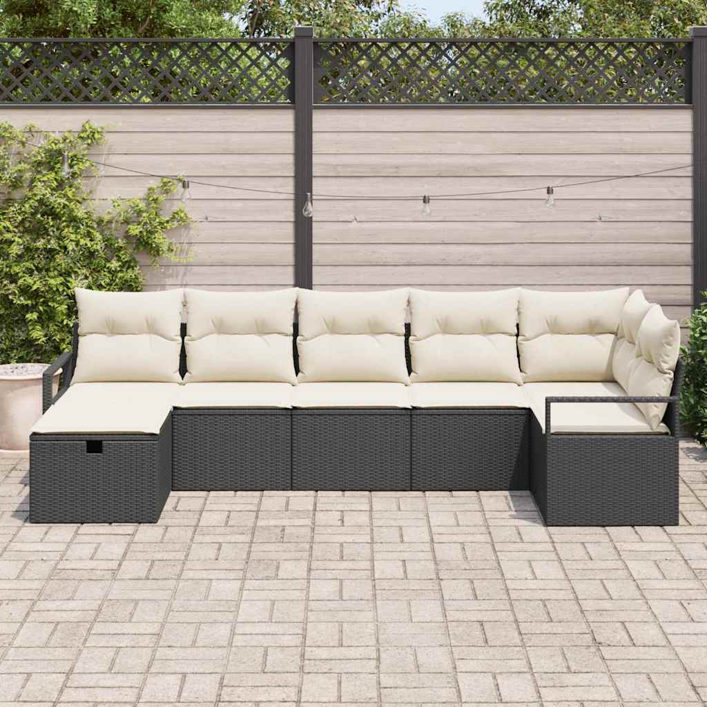 Bankstel 7 st Zwart en Crème poly rattan