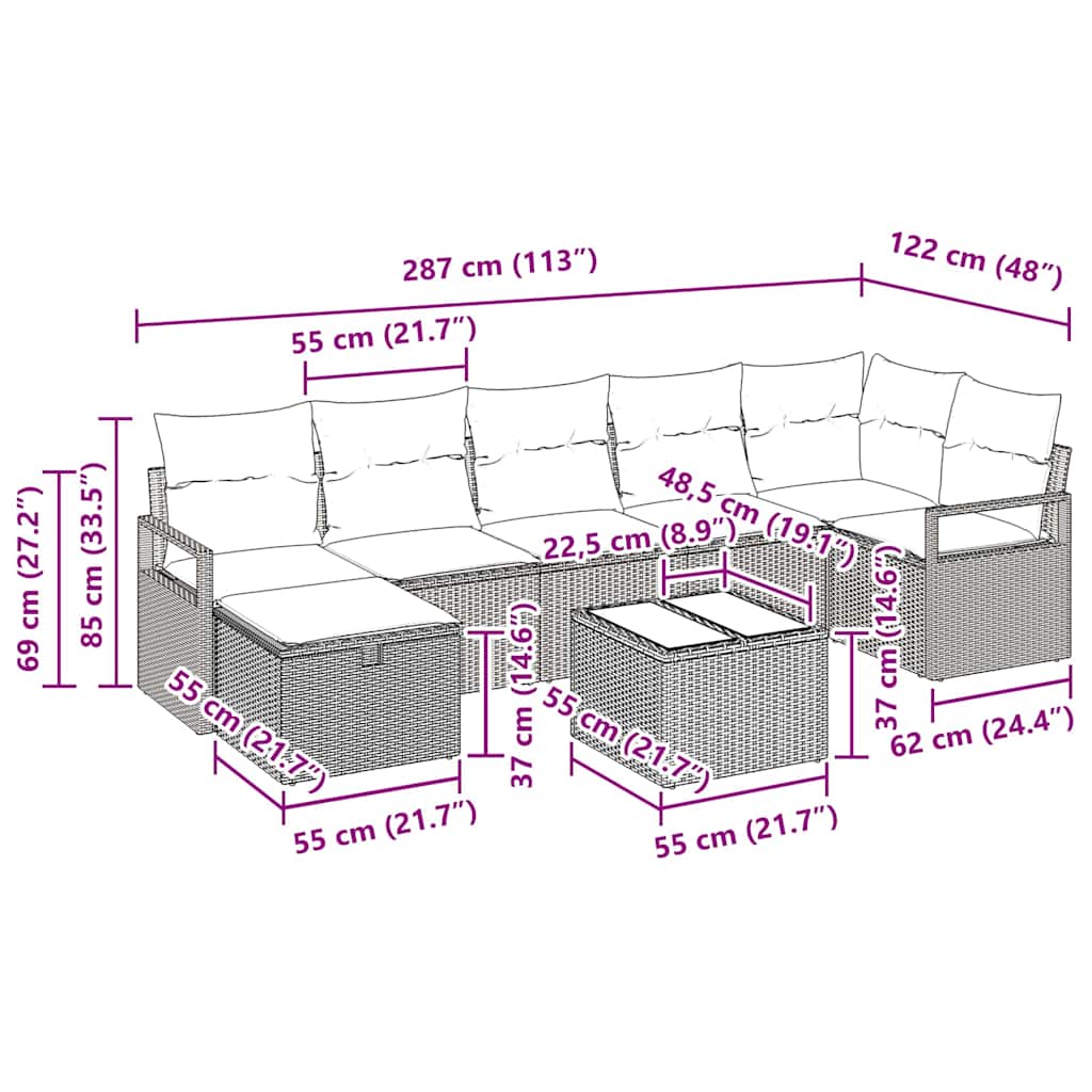 Bankstel 8 st 7-Aantal zitplaatsen Zwart poly rattan
