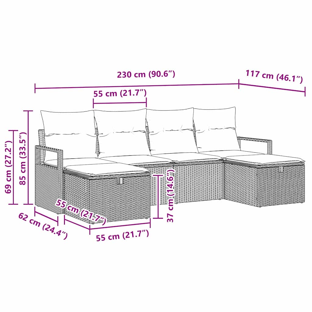 Bankstel met kussen met opslag 6 pcs Grijs poly rattan