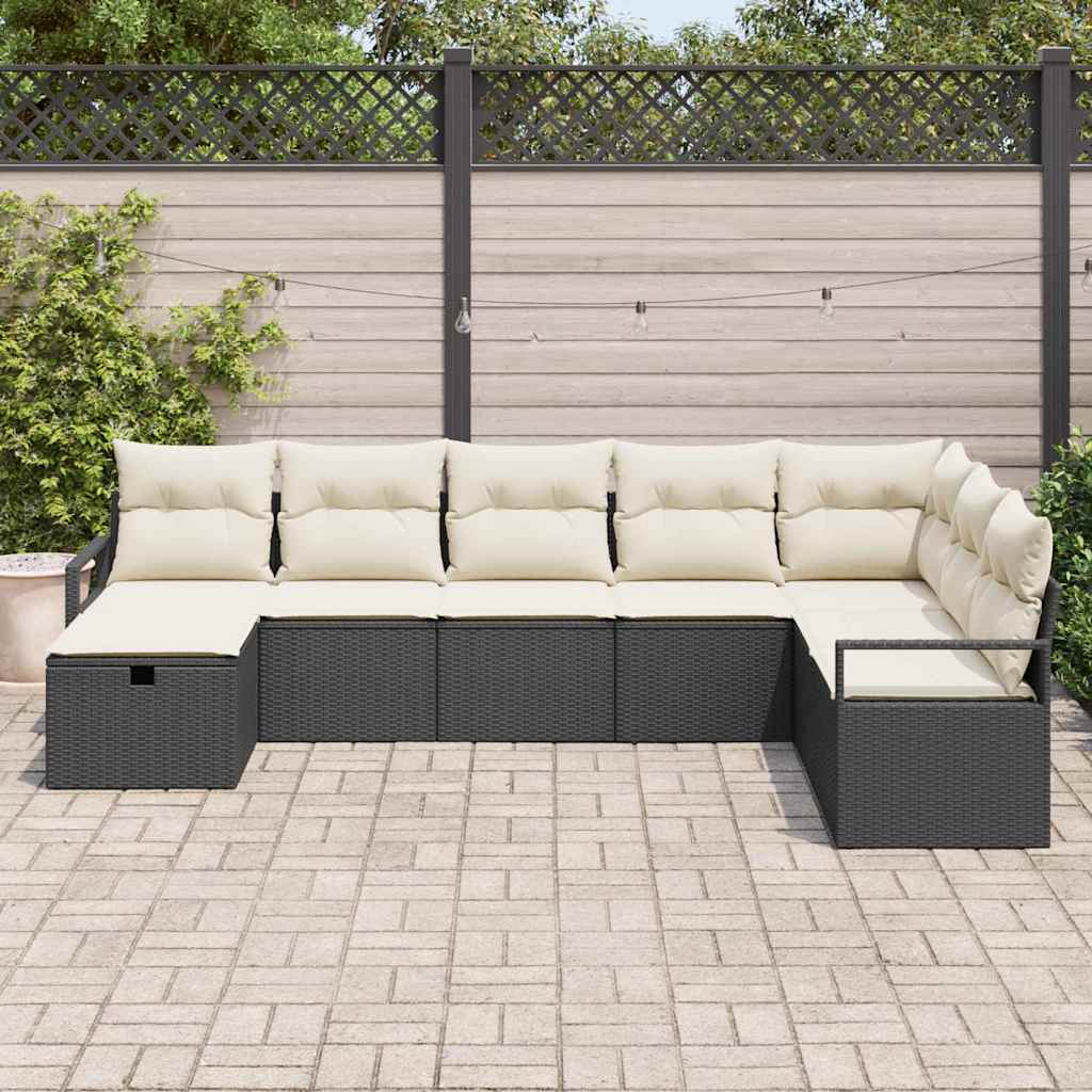 Bankstel met kussen met opslag 8 pcs Zwart en Crème poly rattan