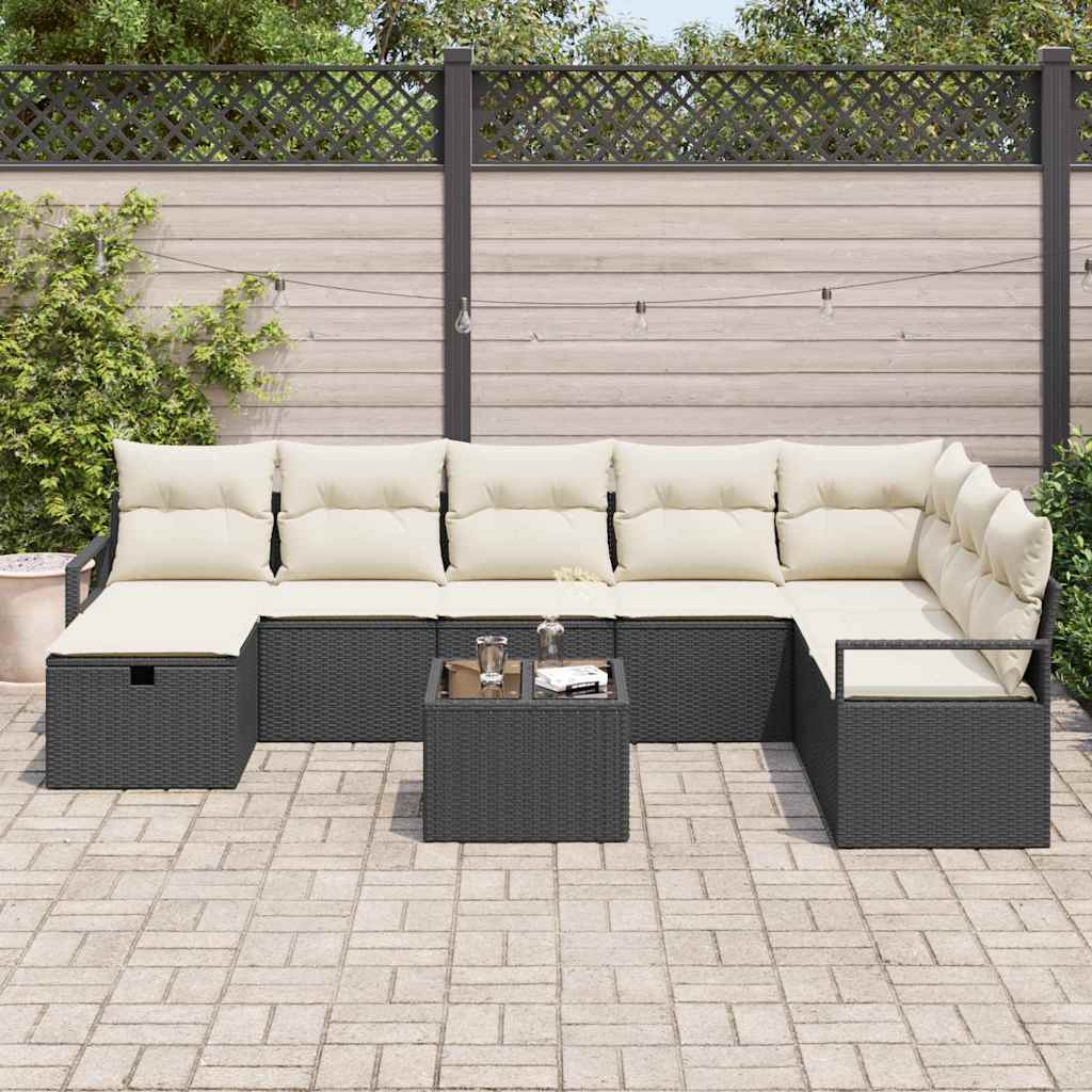 Bankstel met kussen met opslag 9 pcs Zwart en Crème poly rattan