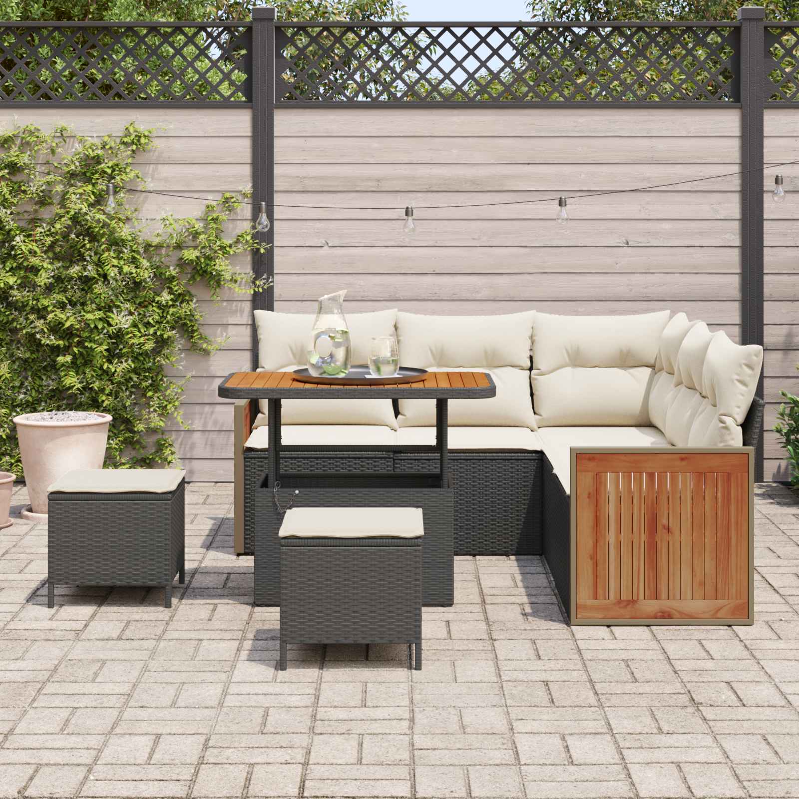 Tuinbankenset met kussen 8 pcs Zwart en Crème