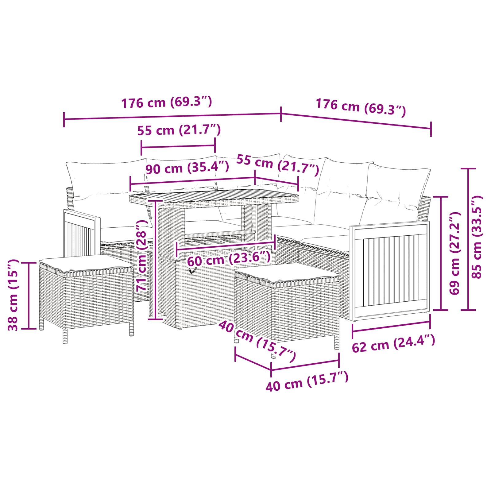 Tuinbankenset met kussen 8 pcs Zwart en Crème