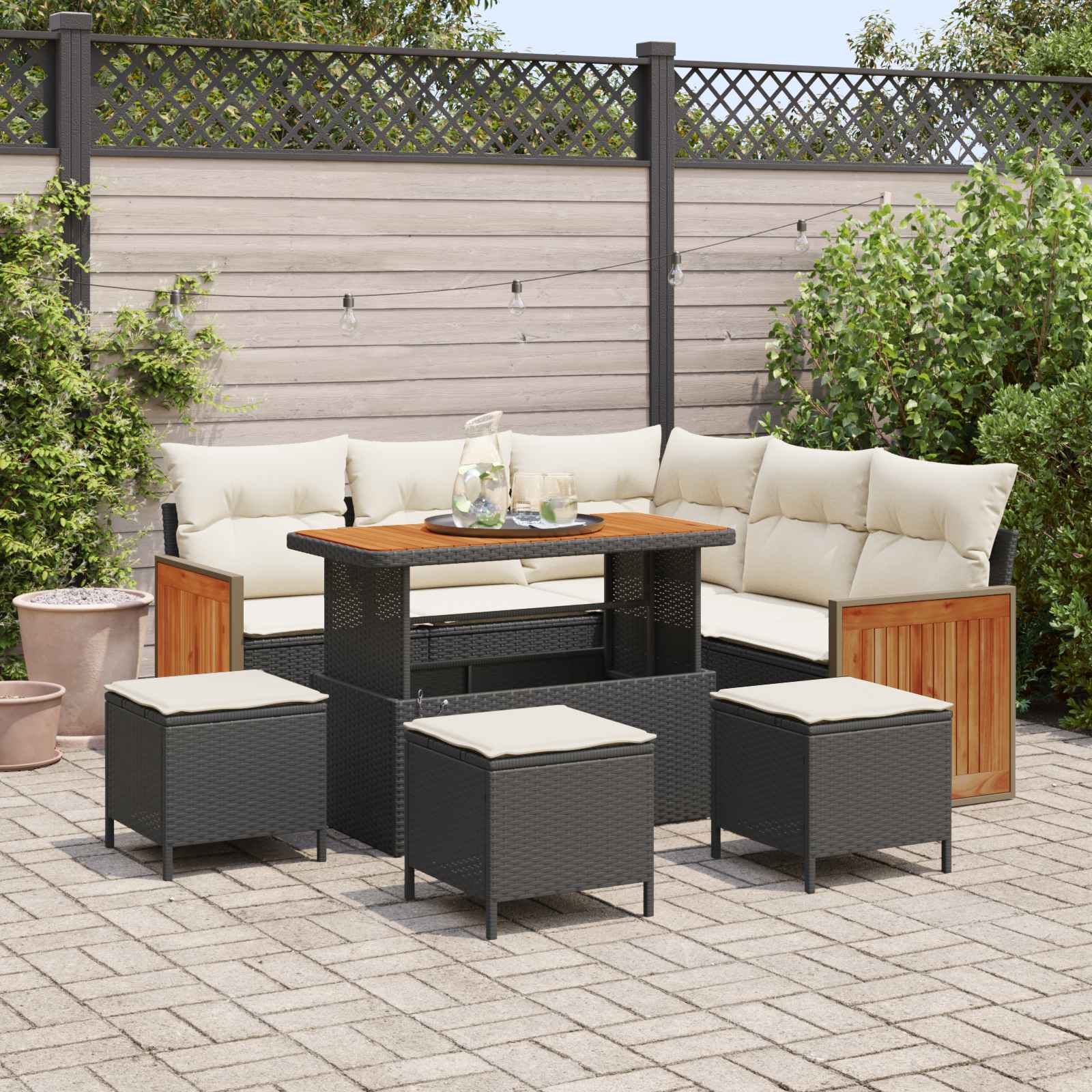 Tuinbankenset met kussen 9 pcs Zwart en Crème
