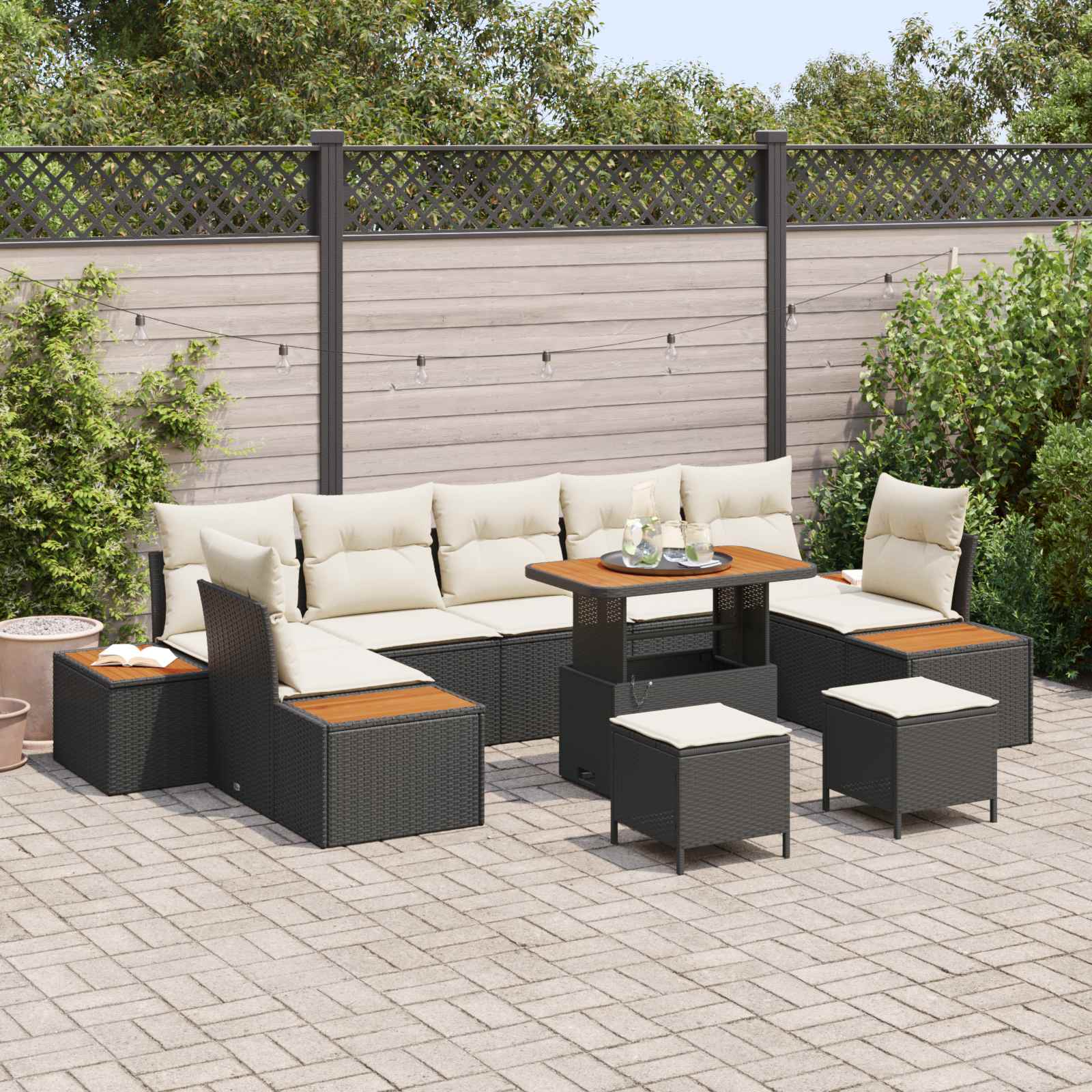 Tuinbankenset met kussen 10 pcs Zwart en Crème