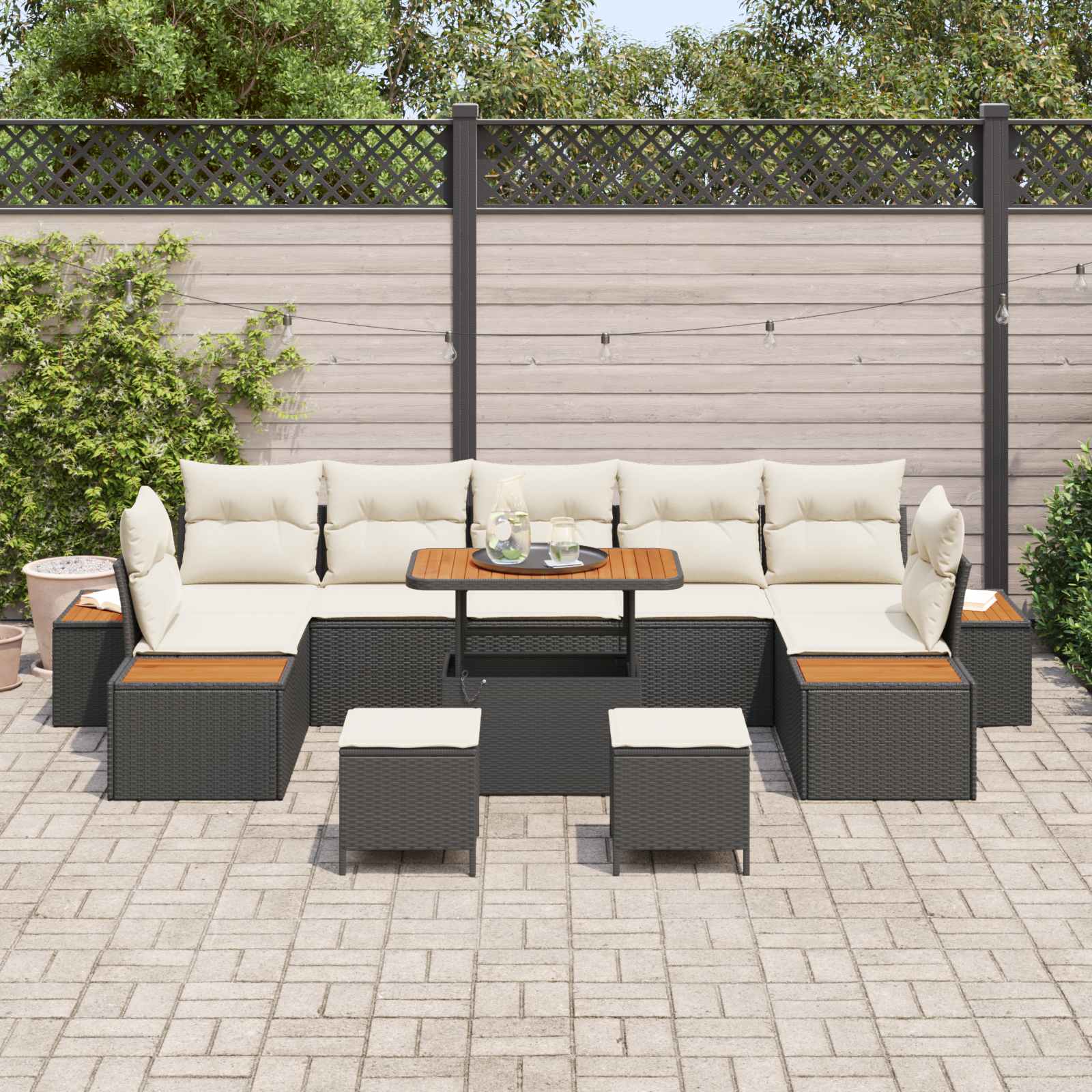 Tuinbankenset met kussen 10 pcs Zwart en Crème