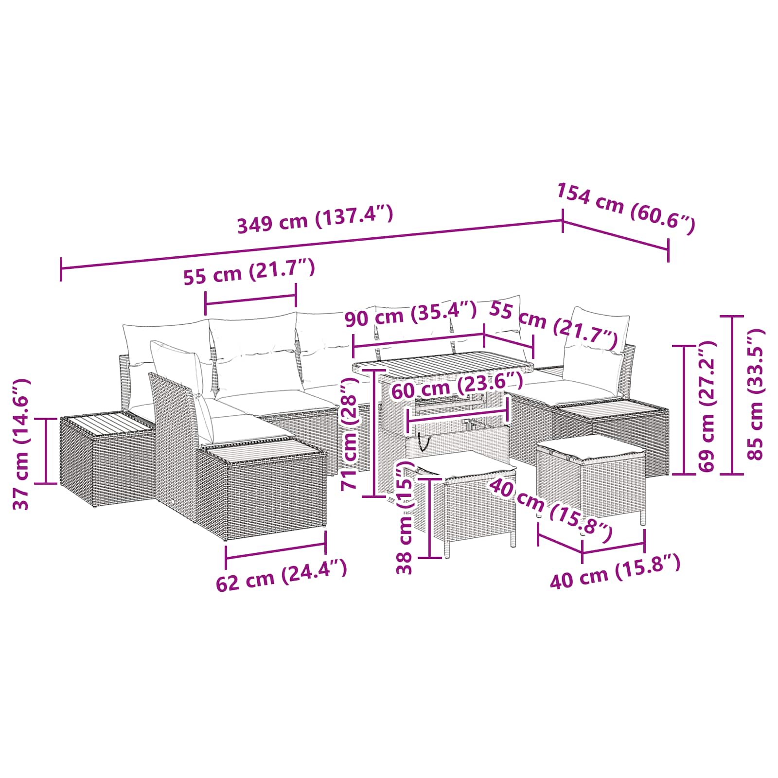Tuinbankenset met kussen 10 pcs Zwart en Crème