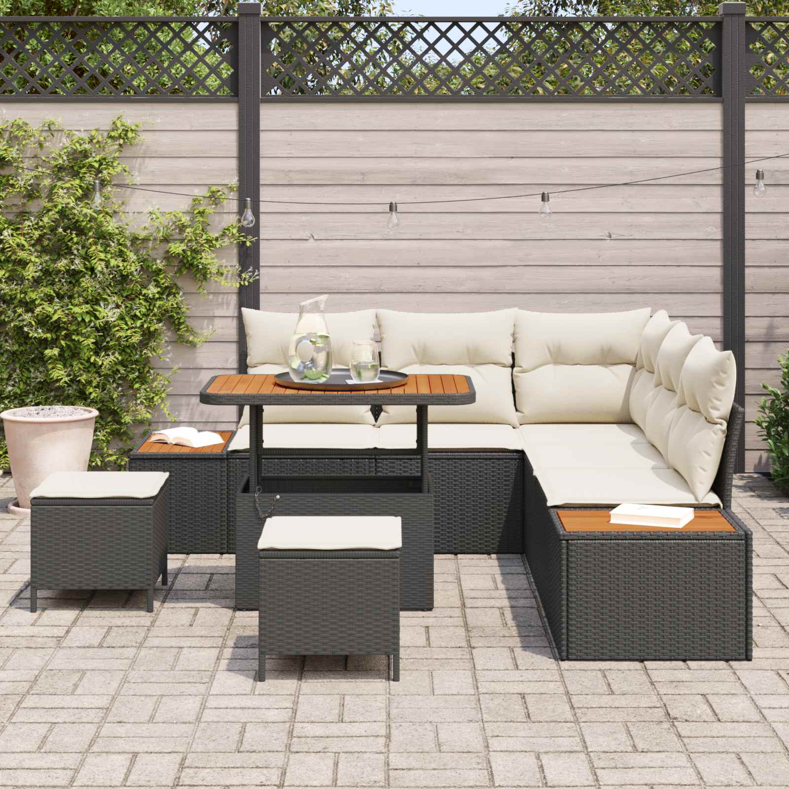 Tuinbankenset met kussen 8 pcs Zwart en Crème