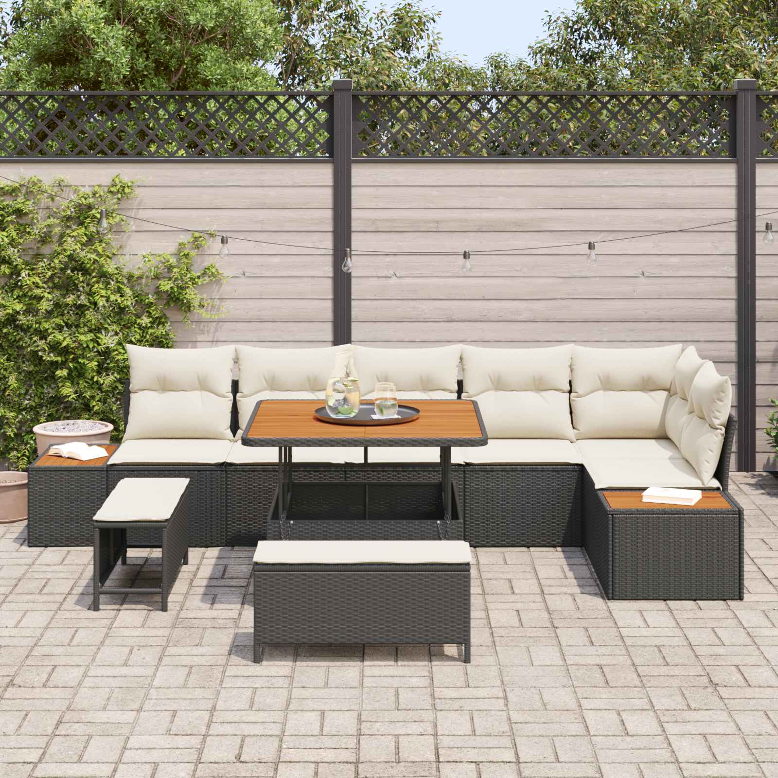 Tuinbankenset 9 st 8-Aantal zitplaatsen Zwart en Crème