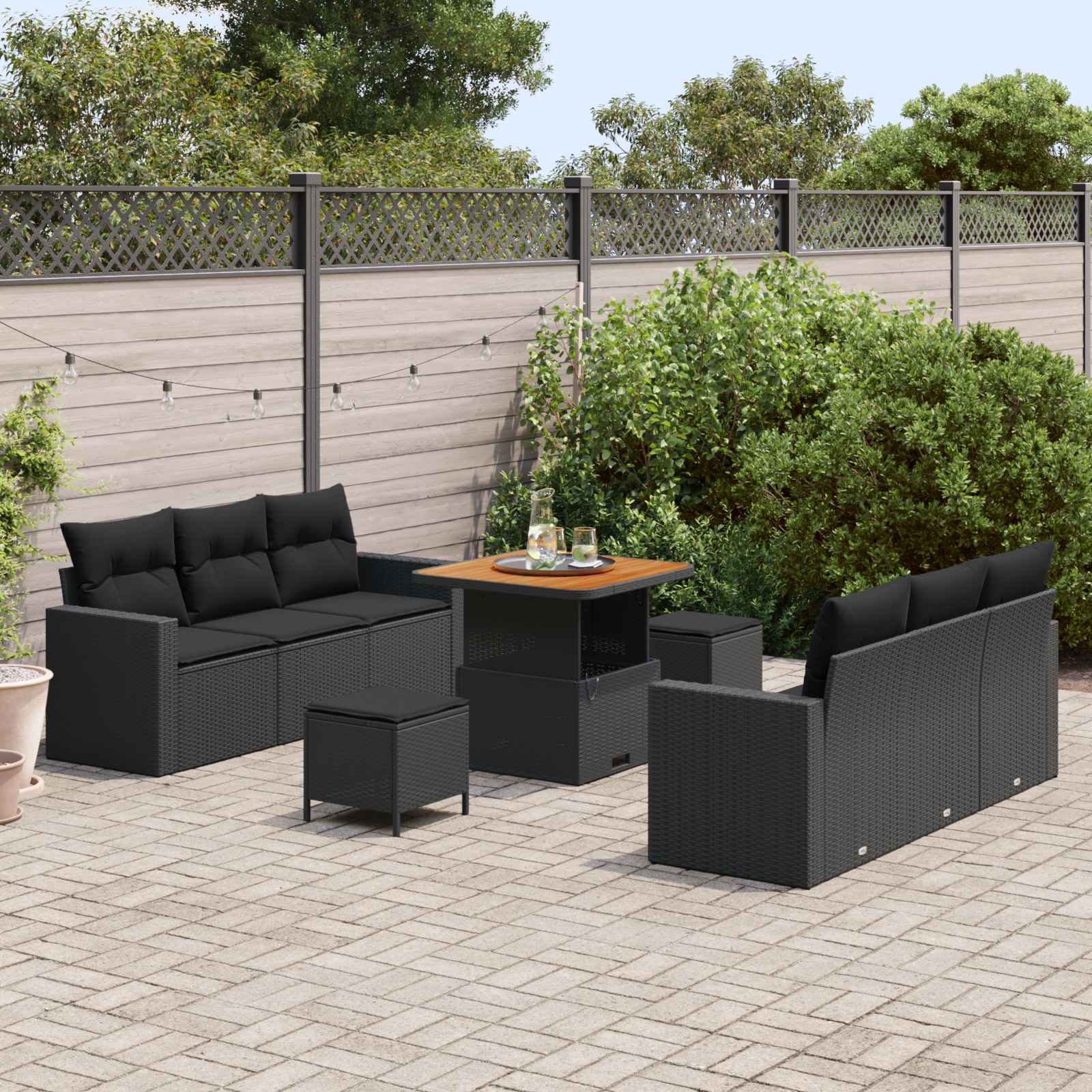 Tuin Sofa Set 9 st 6-Aantal zitplaatsen Zwart poly rattan