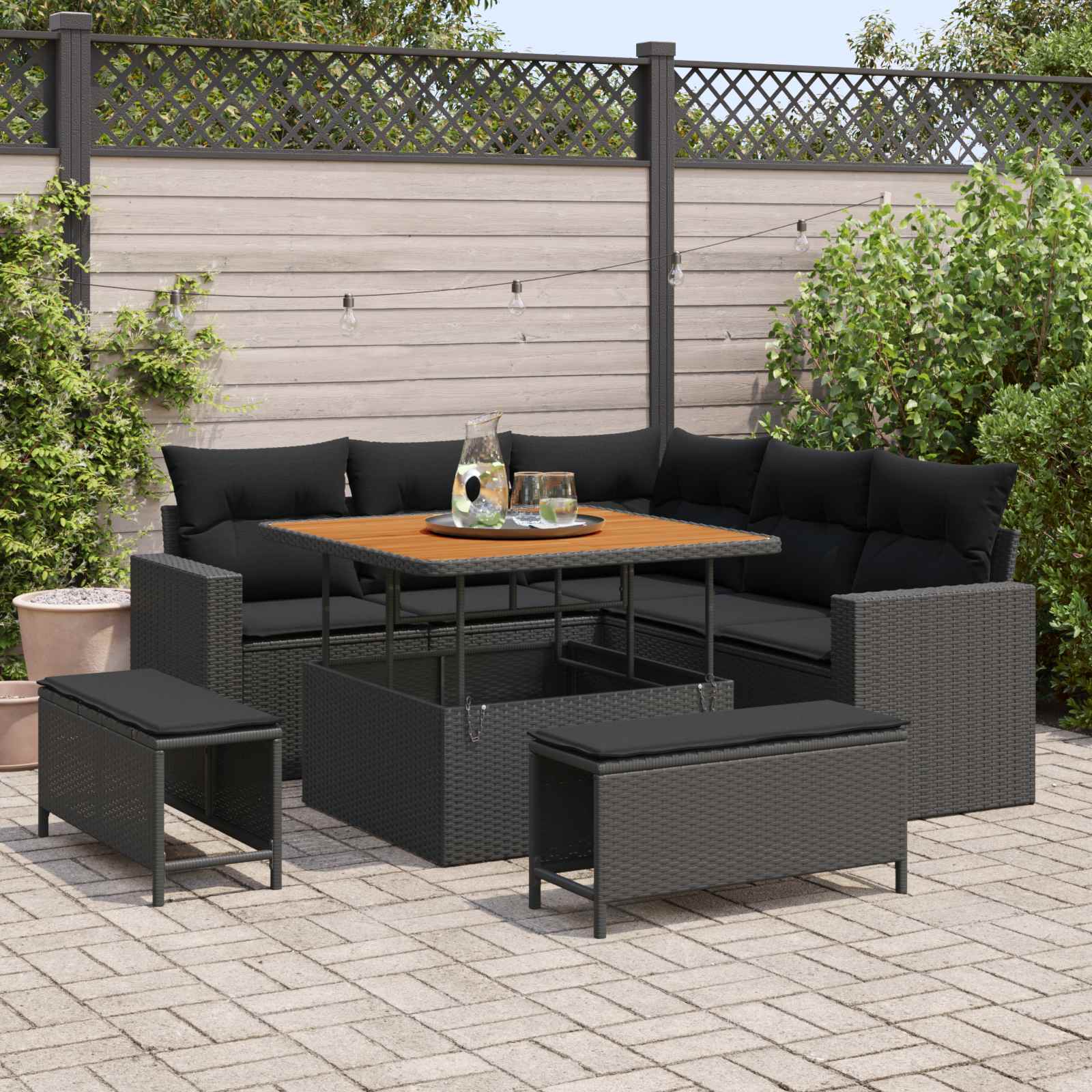 Tuinbankenset 9 st 6-Aantal zitplaatsen Zwart poly rattan