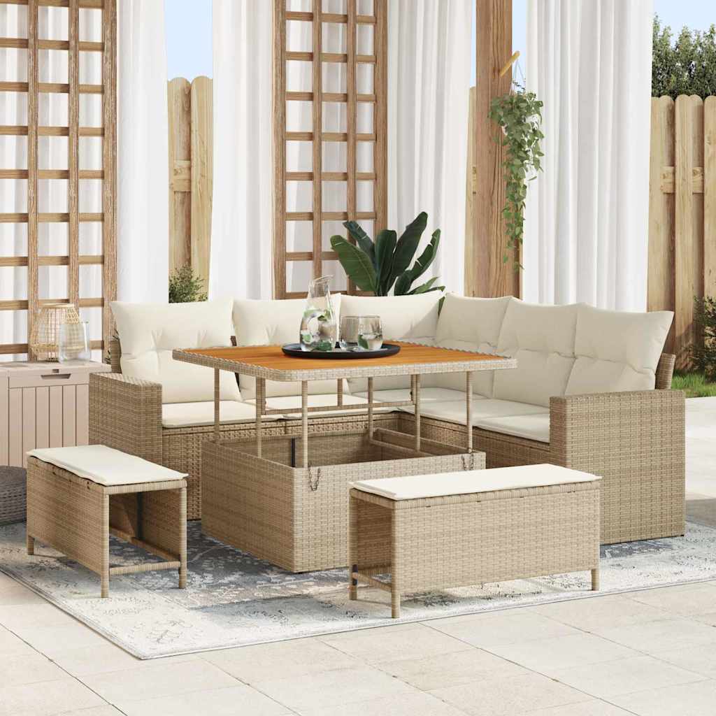 Tuinbankenset met kussen 9 pcs Beige en Crème poly rattan