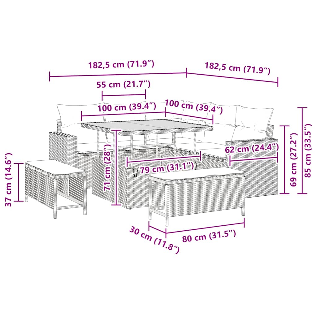Tuinbankenset 9 st 6-Aantal zitplaatsen Grijs poly rattan