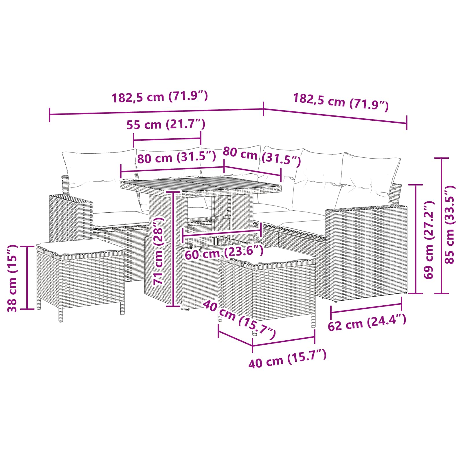 Tuinbankenset 9 st 6-Aantal zitplaatsen Zwart poly rattan