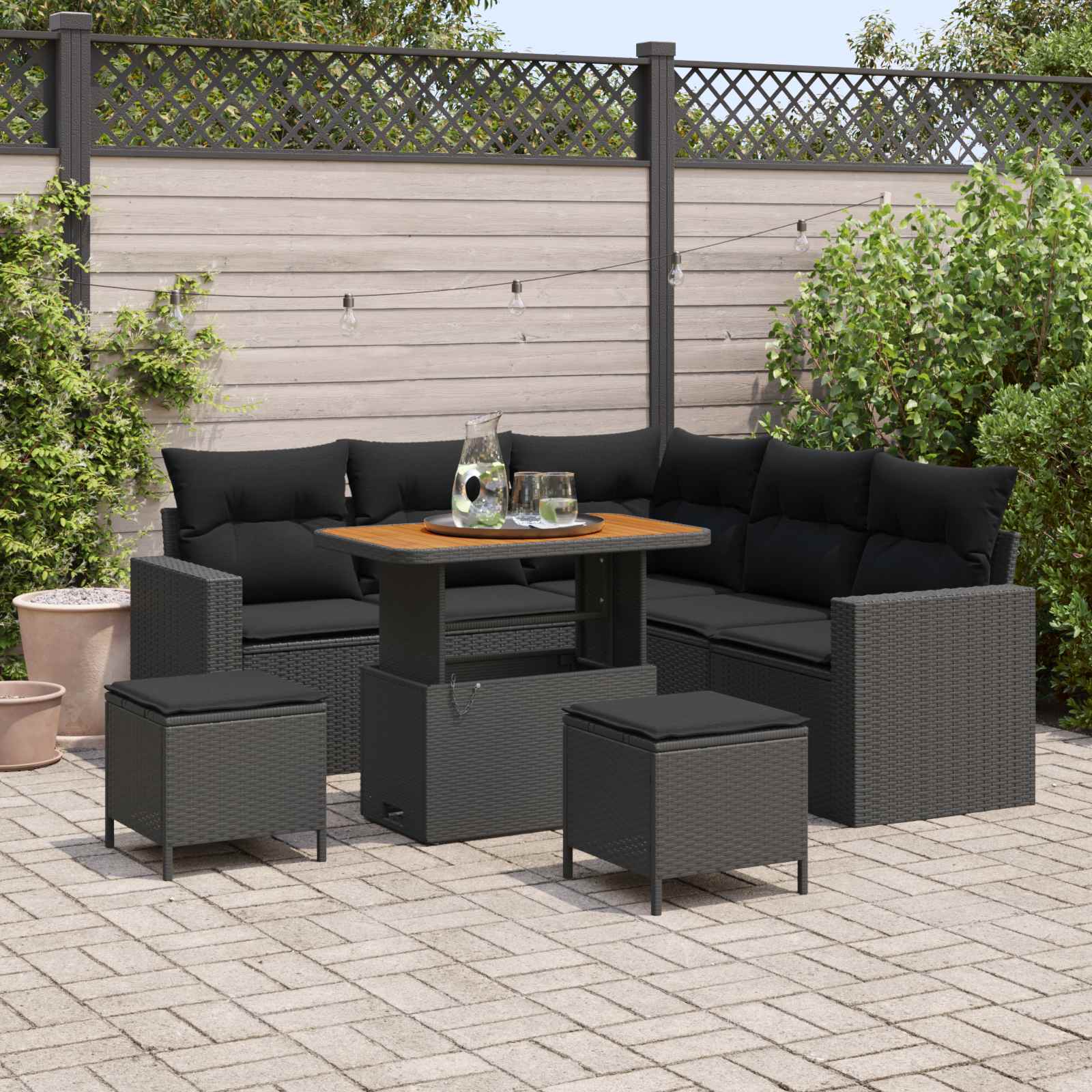 Tuinbankenset 9 st 6-Aantal zitplaatsen Zwart poly rattan
