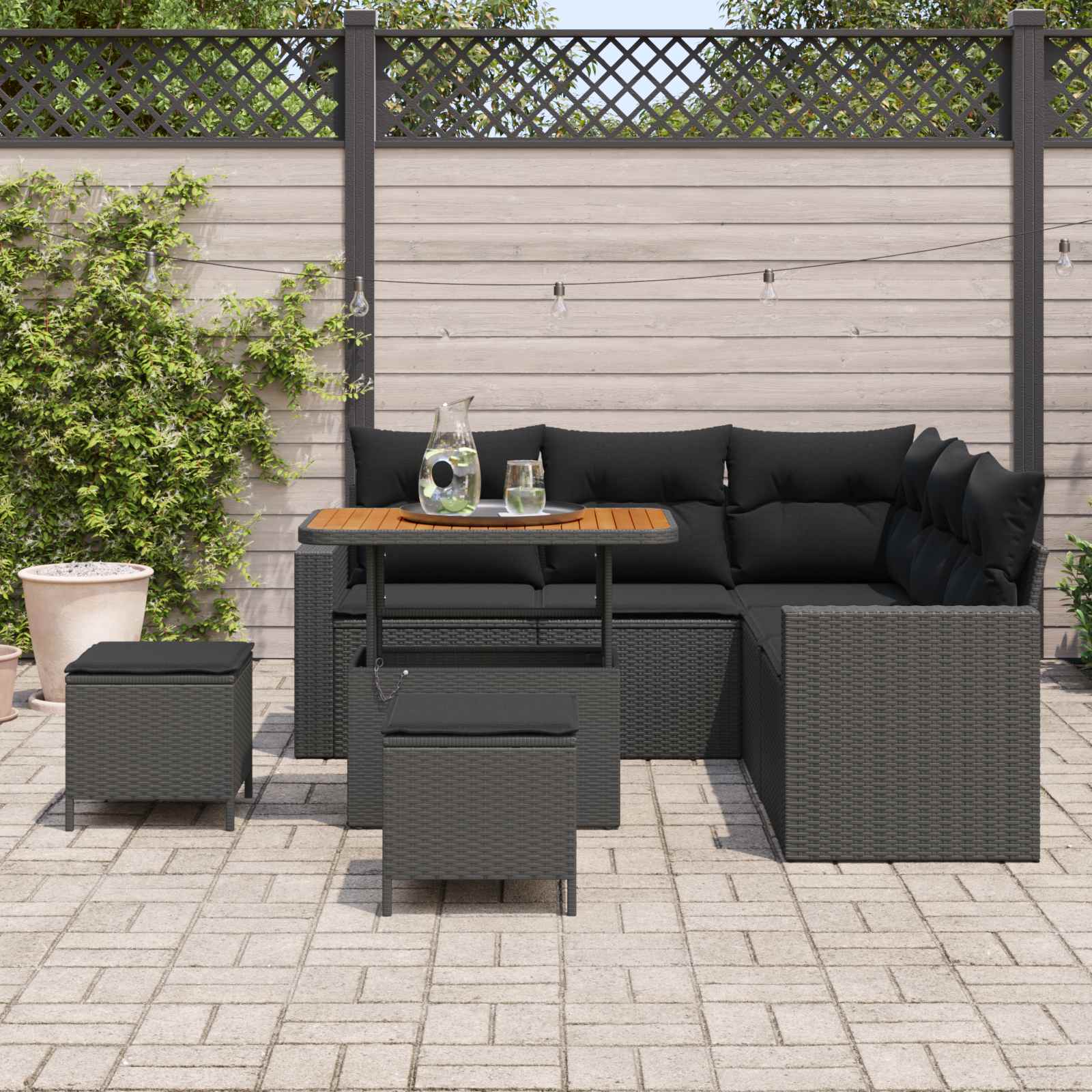 Tuinbankenset 9 st 6-Aantal zitplaatsen Zwart poly rattan