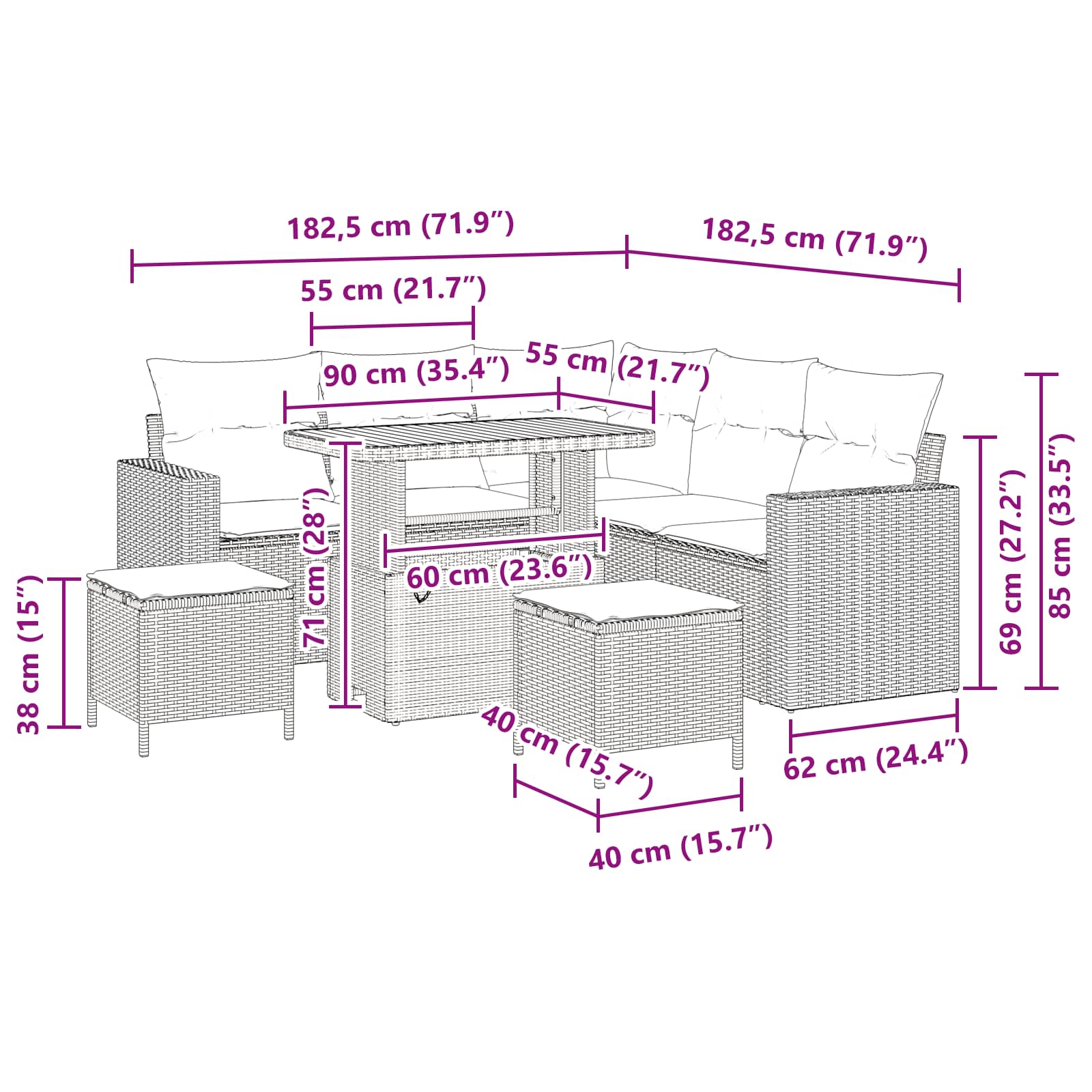 Tuinbankenset 9 st 6-Aantal zitplaatsen Zwart poly rattan