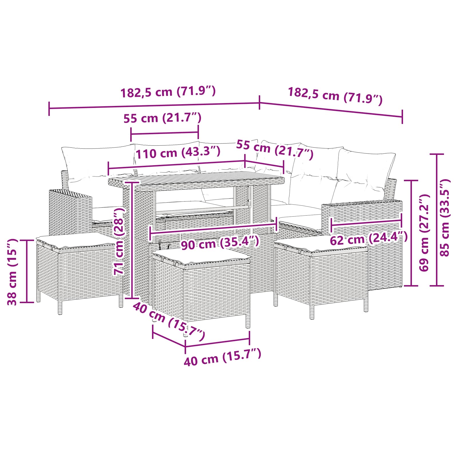 Tuinbankenset 10 st 7-Aantal zitplaatsen Zwart poly rattan