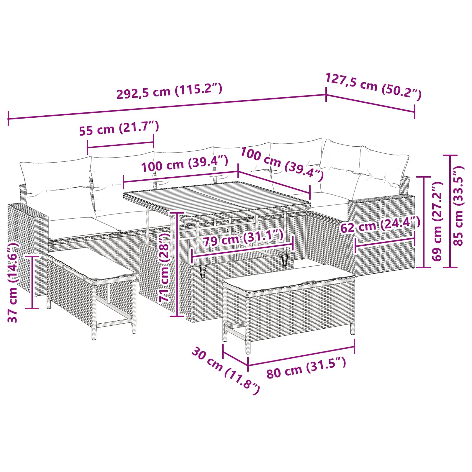 Tuinbankenset 11 st 9-Aantal zitplaatsen Zwart poly rattan