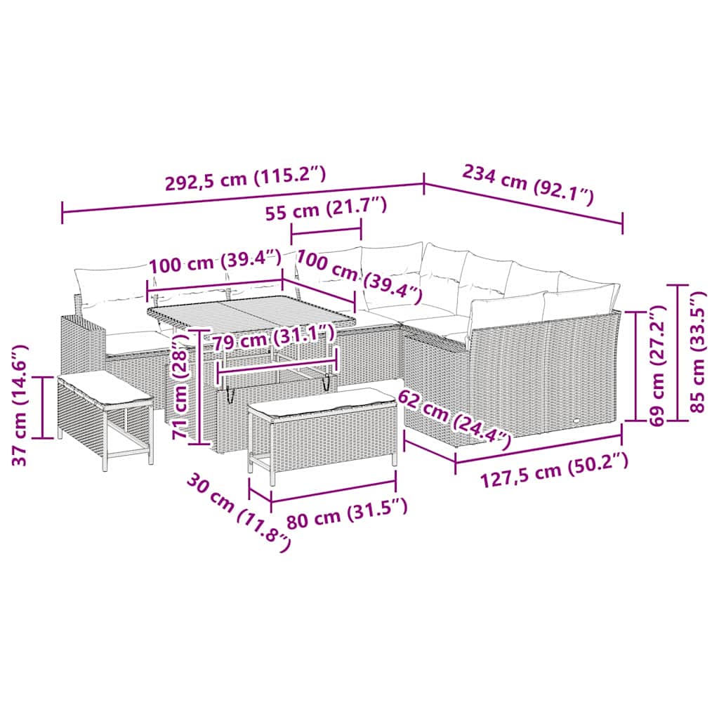 Tuinbankenset 13 st 12-Aantal zitplaatsen Beige en Crème