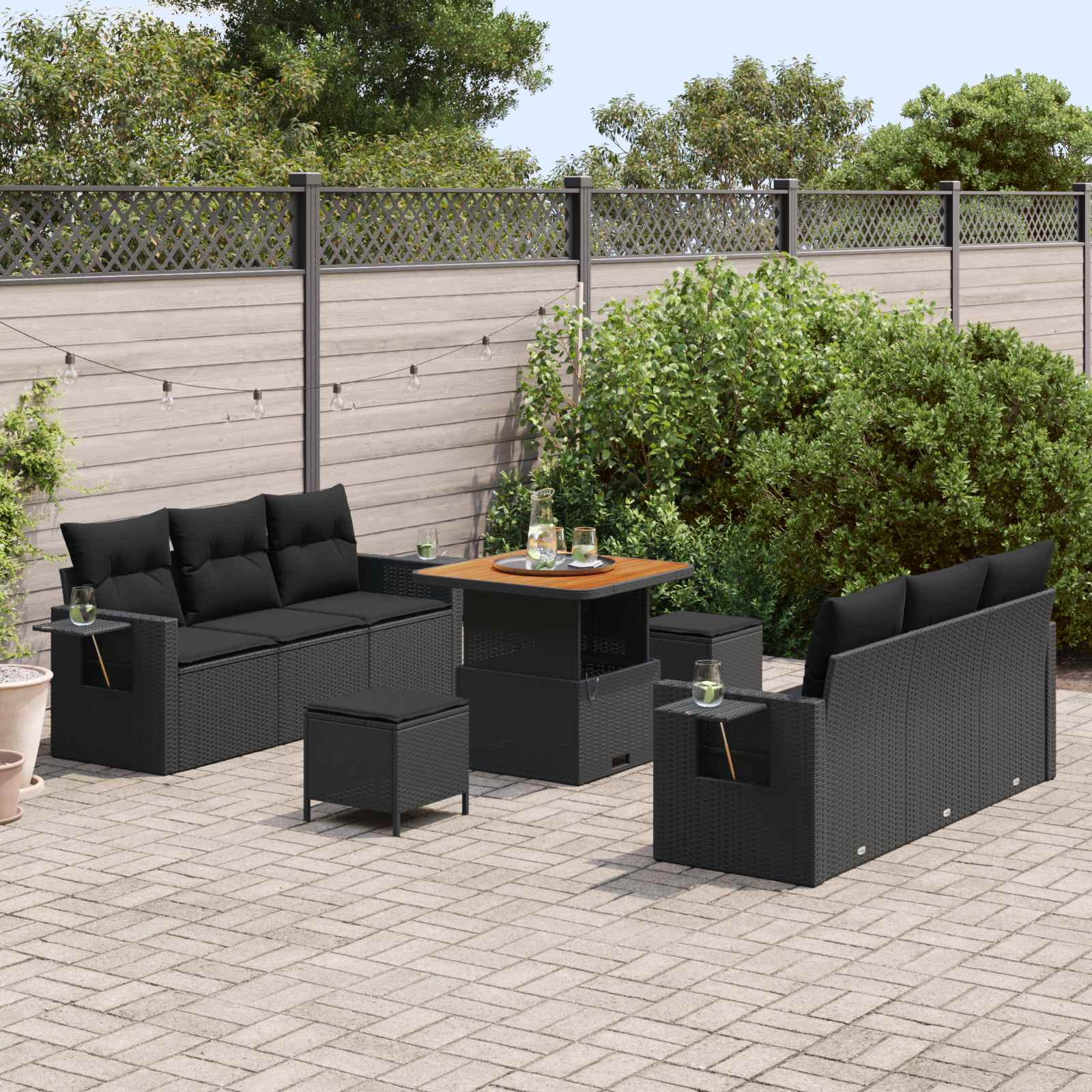 Tuin Sofa Set 9 st 6-Aantal zitplaatsen Zwart poly rattan