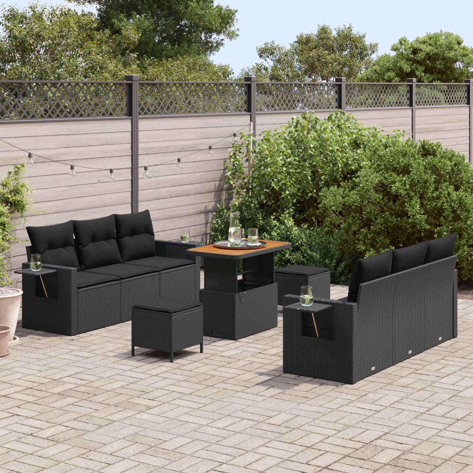 Tuin Sofa Set 9 st 6-Aantal zitplaatsen Zwart poly rattan