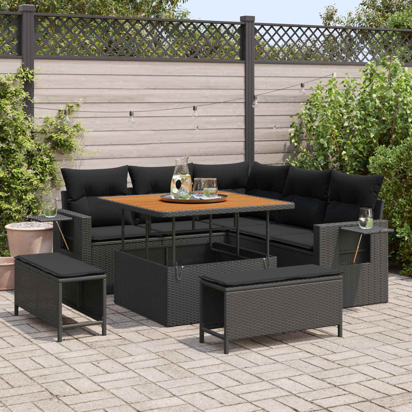 Tuinbankenset 9 st 8-Aantal zitplaatsen Zwart poly rattan