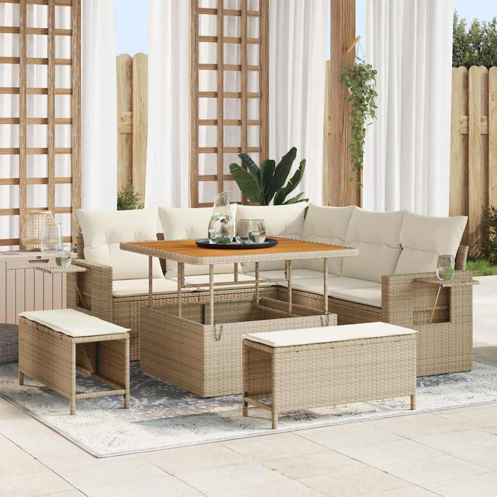 Tuinbankenset met kussen 9 pcs Beige en Crème poly rattan