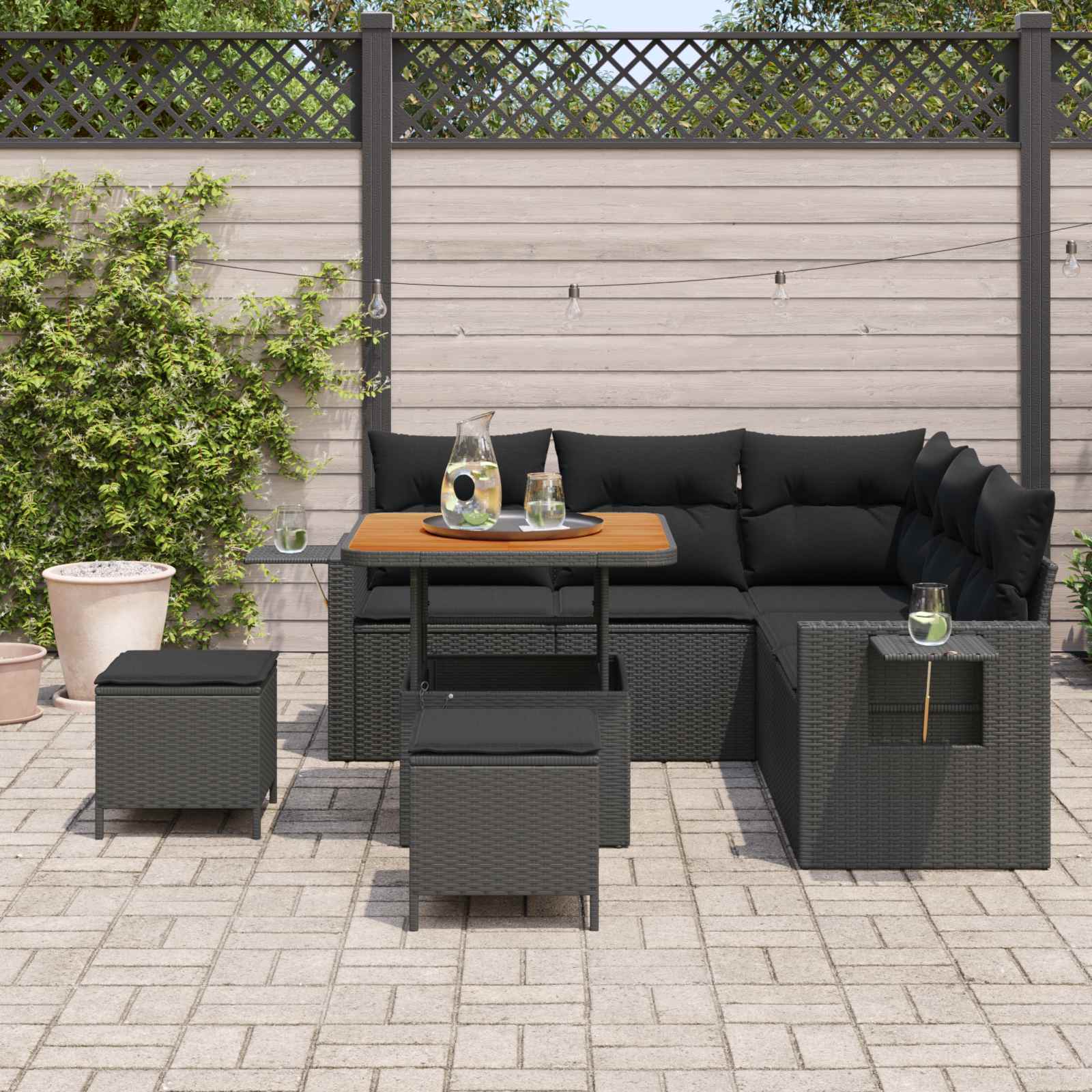 Tuinbankenset 9 st 6-Aantal zitplaatsen Zwart poly rattan