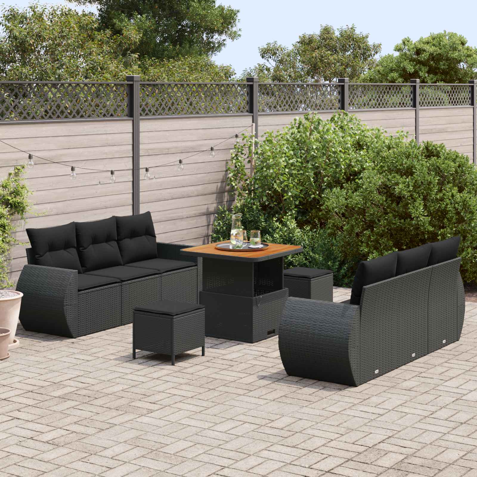 Tuin Sofa Set 9 st 6-Aantal zitplaatsen Zwart poly rattan