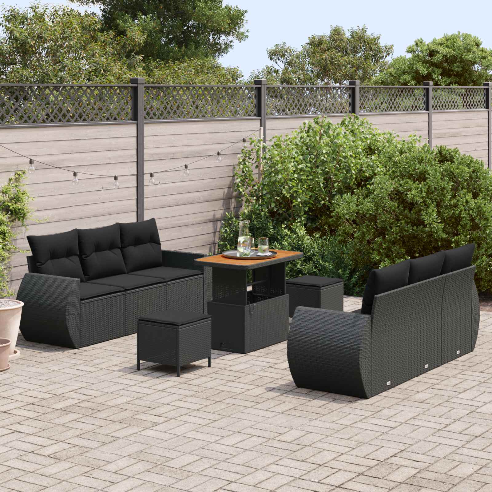 Tuin Sofa Set 9 st 6-Aantal zitplaatsen Zwart poly rattan