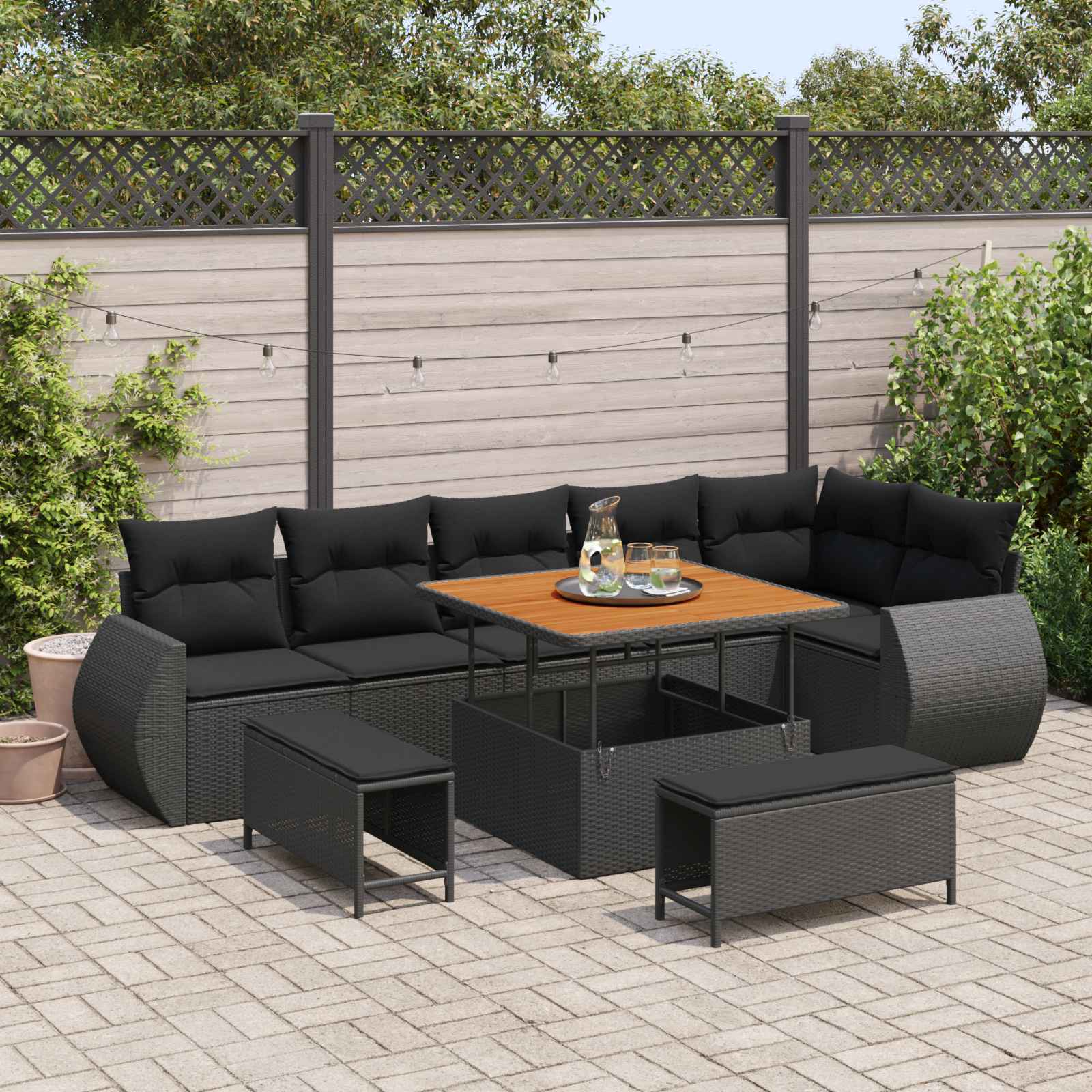 Tuin Sofa Set 9 st 9-Aantal zitplaatsen Zwart Poly Rattan