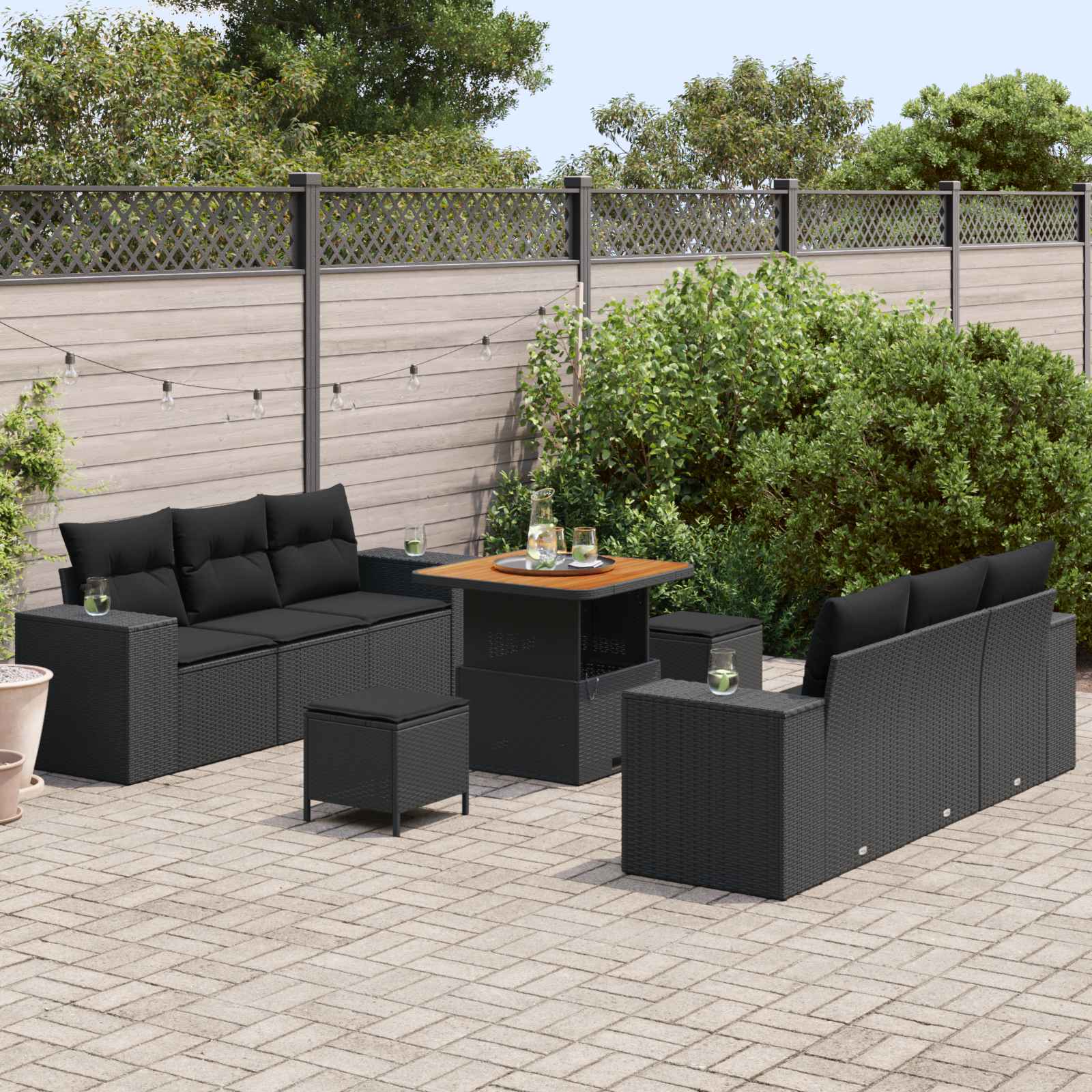 Tuin Sofa Set met kussen Zwart 221 x 204 x 85 cm Poly Rattan