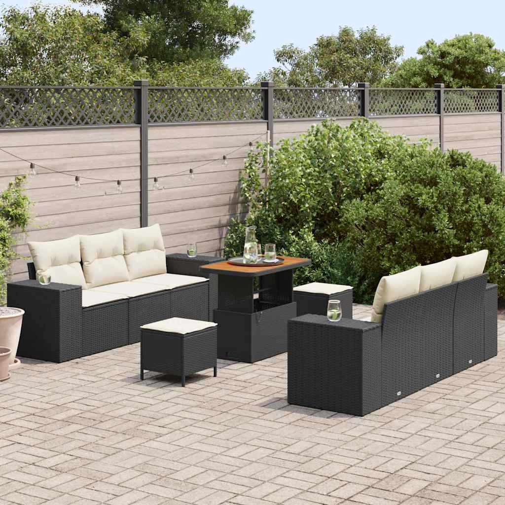 Tuin Sofa Set met kussen 9 pcs Zwart en Crème Poly Rattan