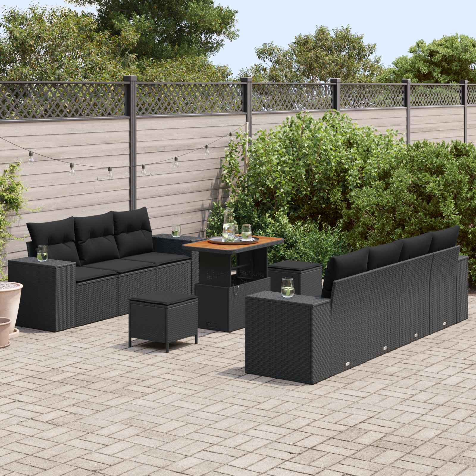 Tuin Sofa Set 10 st 9-Aantal zitplaatsen Zwart Poly Rattan
