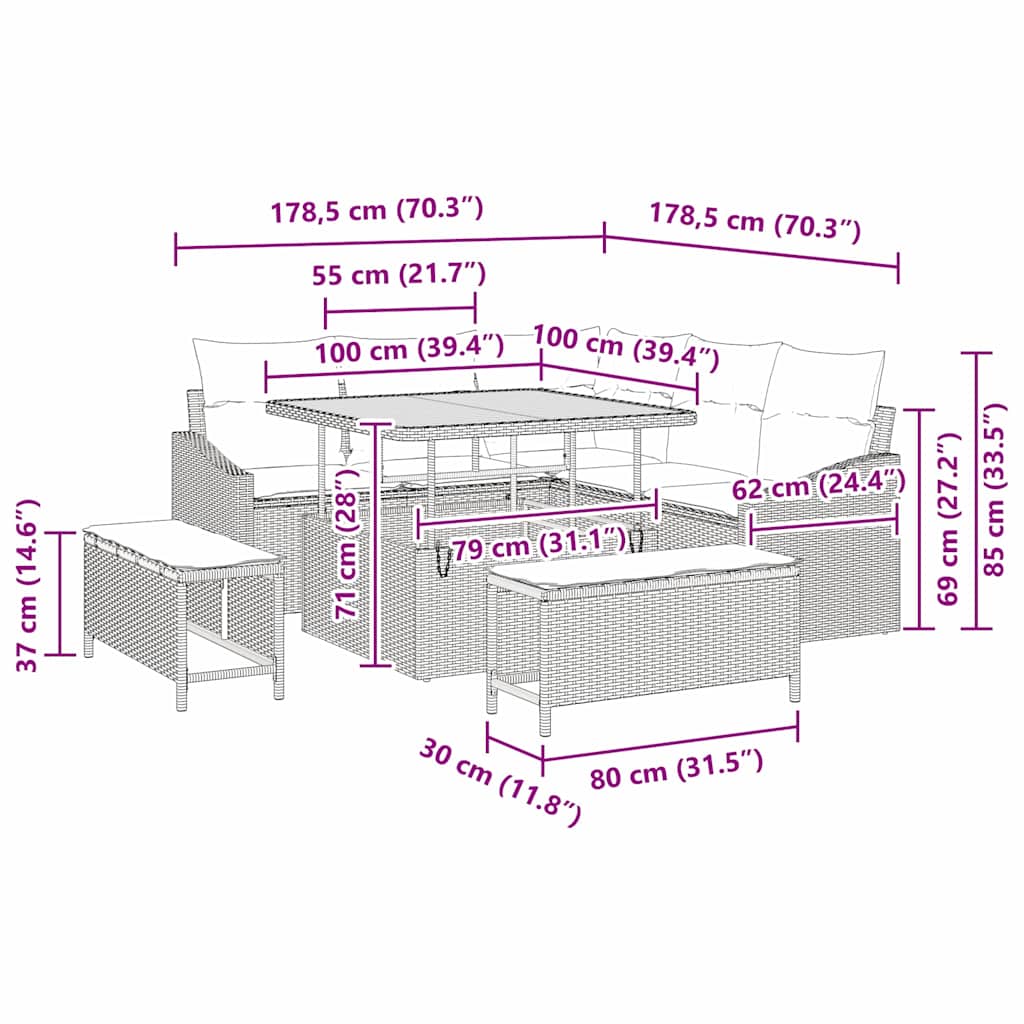 Tuinbankenset met kussen met opslag 8 pcs Beige Poly riet