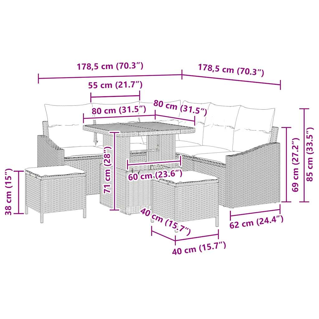 Tuinbankenset 8 st 7-Aantal zitplaatsen Beige Poly riet