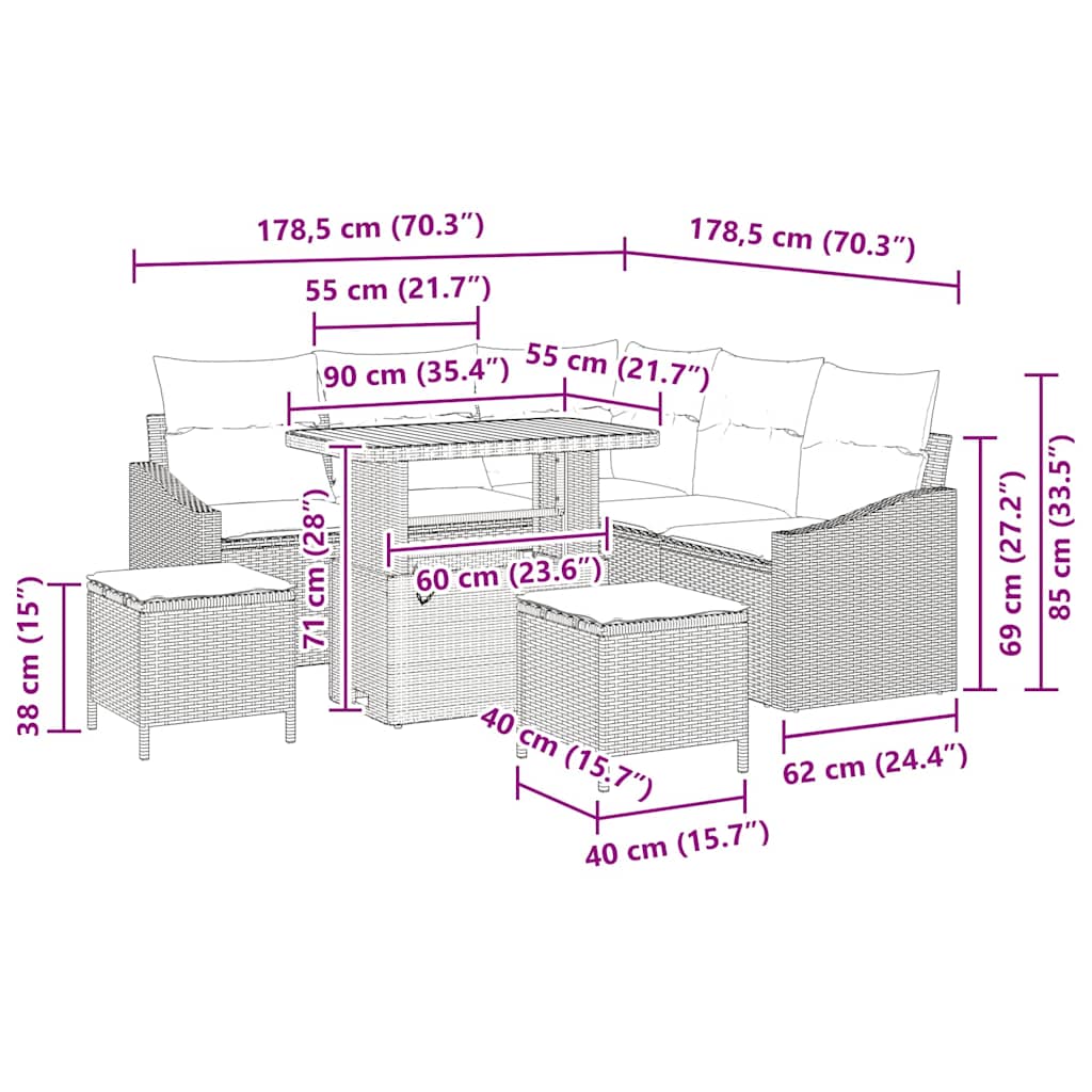 Tuinbankenset met kussen met opslag 8 pcs Beige Poly riet