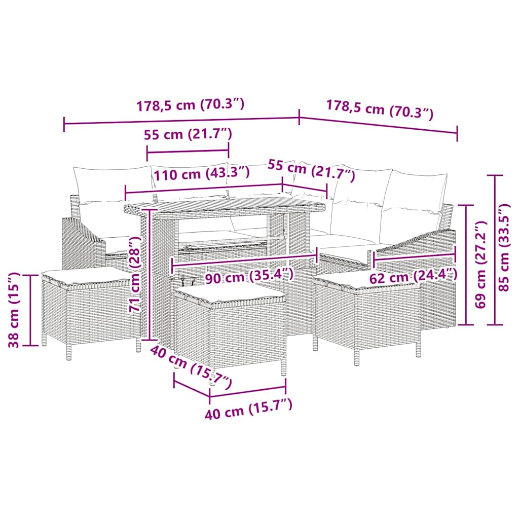 Tuinbankenset 9 st 8-Aantal zitplaatsen Beige Poly riet