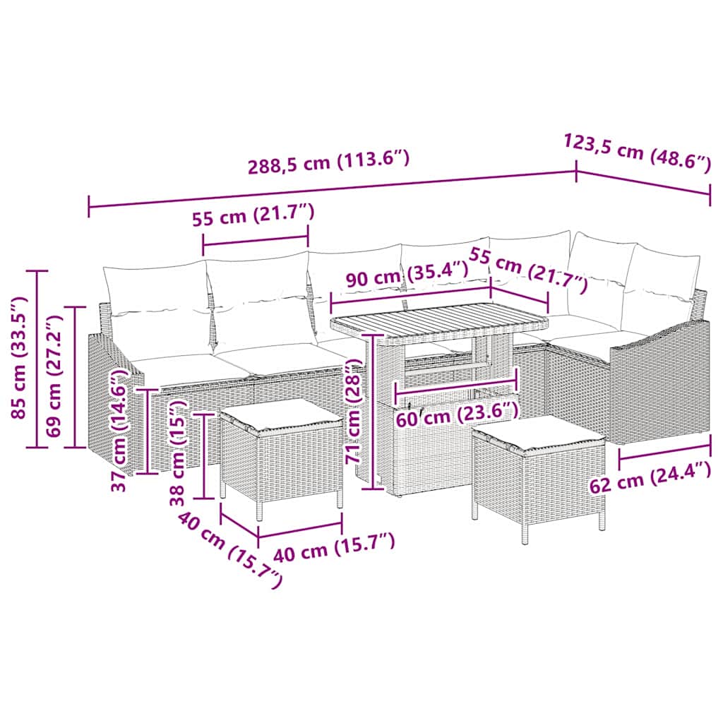 Tuinbankenset 9 st 7-Aantal zitplaatsen Beige Poly riet