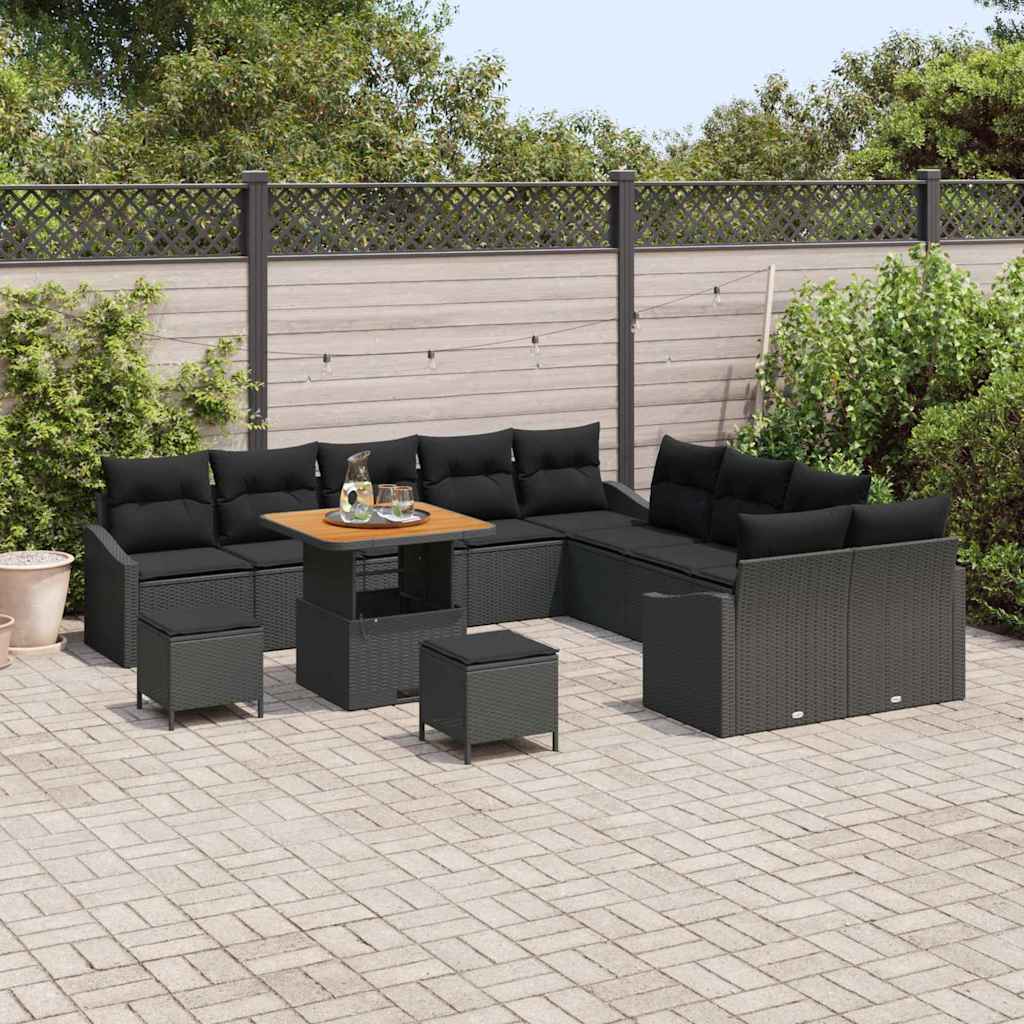 Tuinbankenset met kussen met opslag 13 pcs Zwart Poly riet