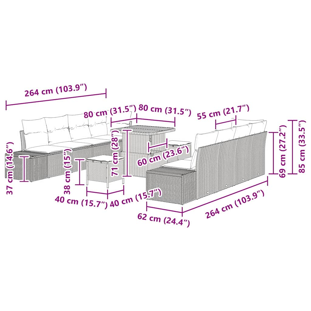 Tuinbankenset met kussen met opslag 11 pcs Beige Poly riet
