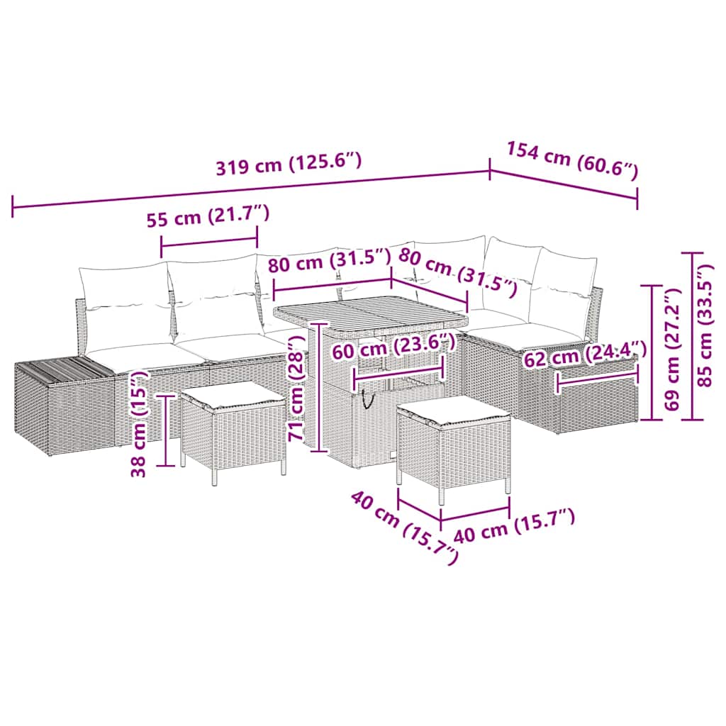 Tuinbankenset 9 st 8-Aantal zitplaatsen Beige Poly riet