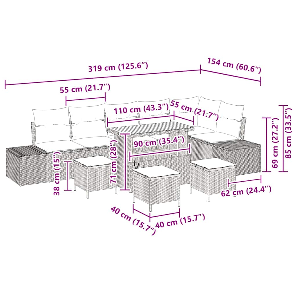 Tuinbankenset 10 st 9-Aantal zitplaatsen Beige Poly riet