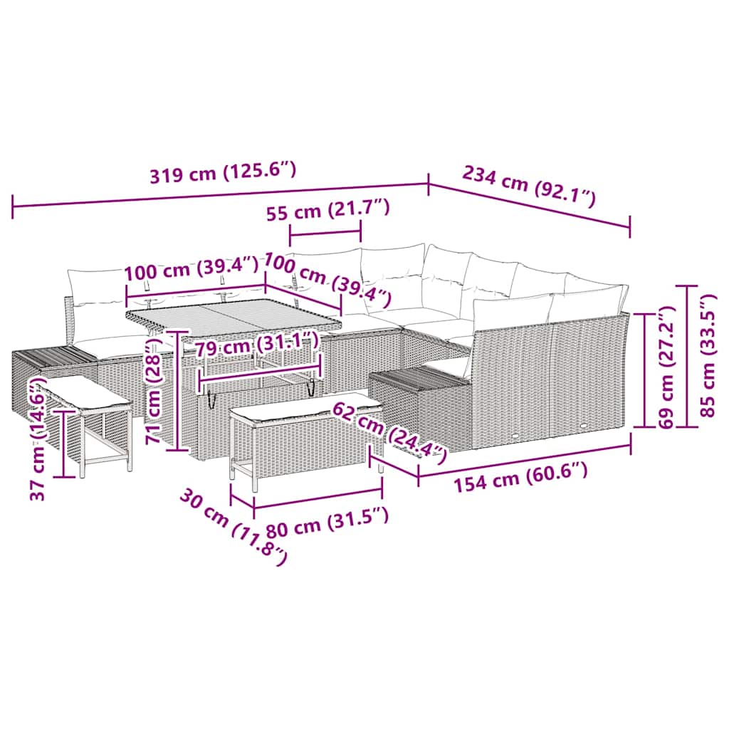 Tuinbankenset 12 st 11-Aantal zitplaatsen Beige Poly riet